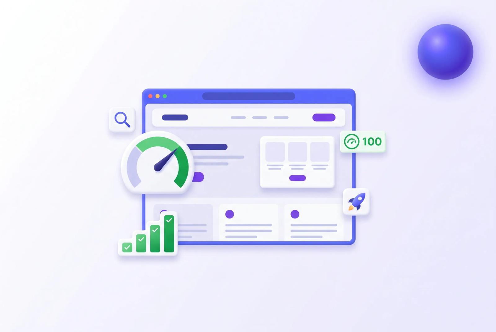 Ilustración de una web ultrarrápida con velocímetro y puntuación de rendimiento 100